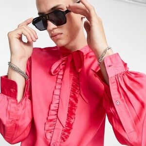 Stylish Pink Ruffle Shirt with Tie Neck